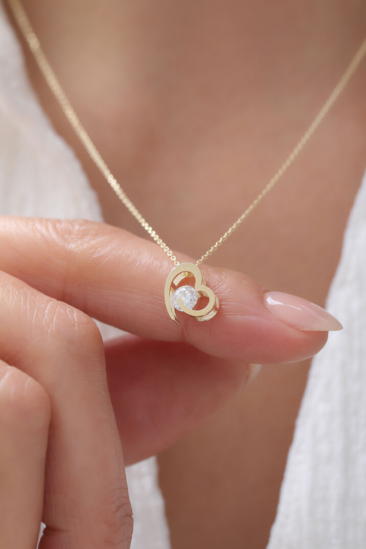 Taş Detaylı Üç Boyutlu Kalp Kolye - Yavuz Kuyumculuk