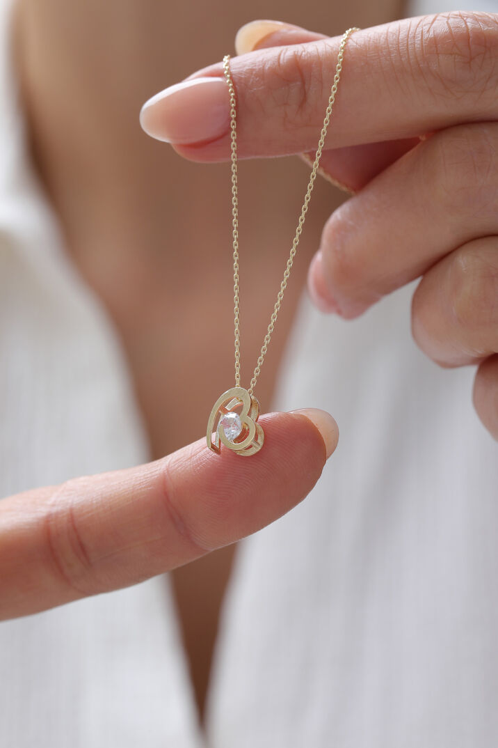 Taş Detaylı Üç Boyutlu Kalp Kolye - Yavuz Kuyumculuk (1)