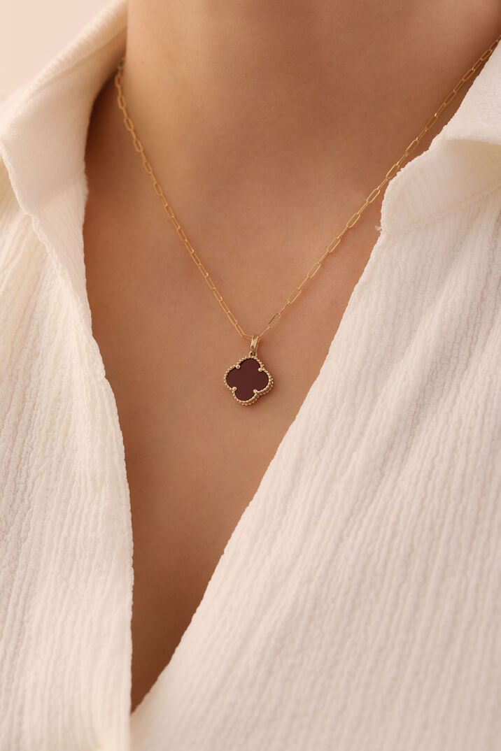 Ataş Zincir Bordo Yonca Kolye - Yavuz Kuyumculuk