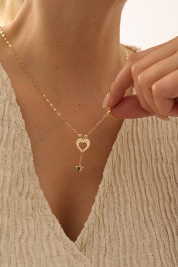 Aynalı Zincir Sarkıt Kalp Kolye - 1