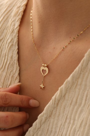 Aynalı Zincir Sarkıt Kalp Kolye - 2