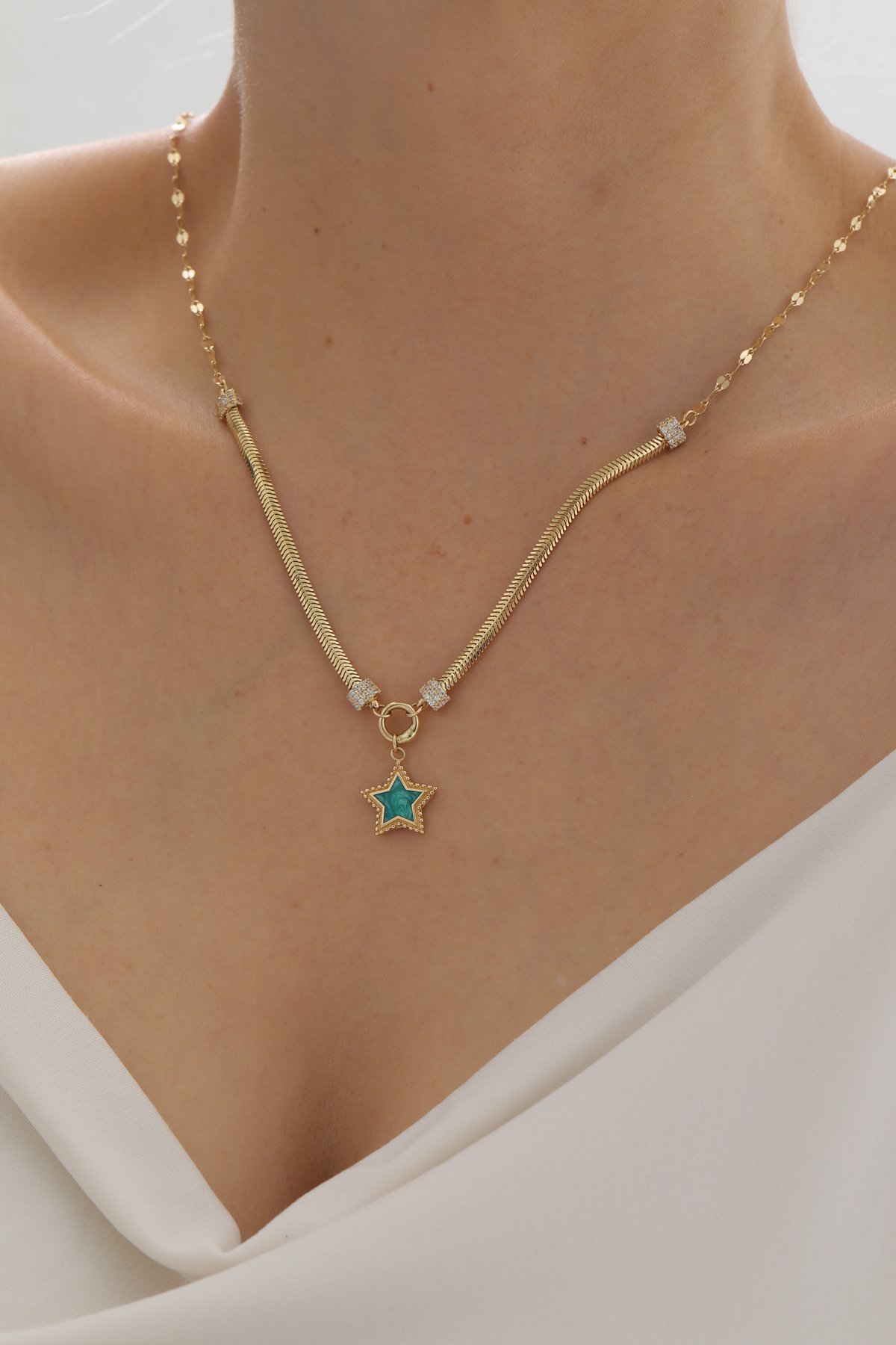 Çift Zincir Turkuaz Mineli Yıldız Kolye - Yavuz Kuyumculuk (1)