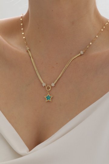 Çift Zincir Turkuaz Mineli Yıldız Kolye - 1