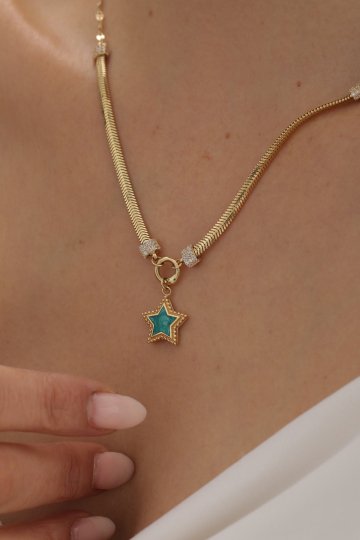 Çift Zincir Turkuaz Mineli Yıldız Kolye - 2