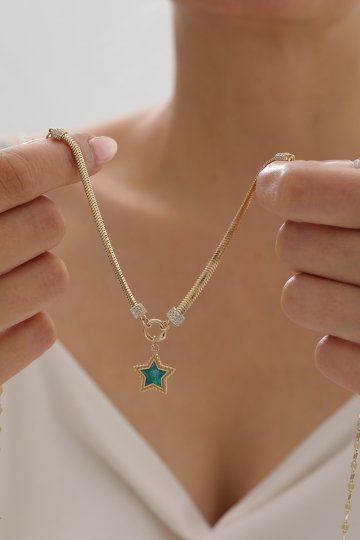 Çift Zincir Turkuaz Mineli Yıldız Kolye - 3