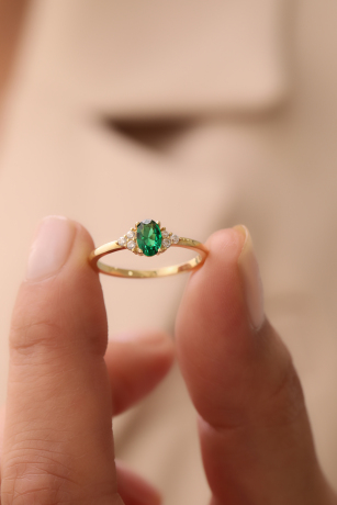 Oval Taşlı Dikey Zümrüt Yüzük - 2