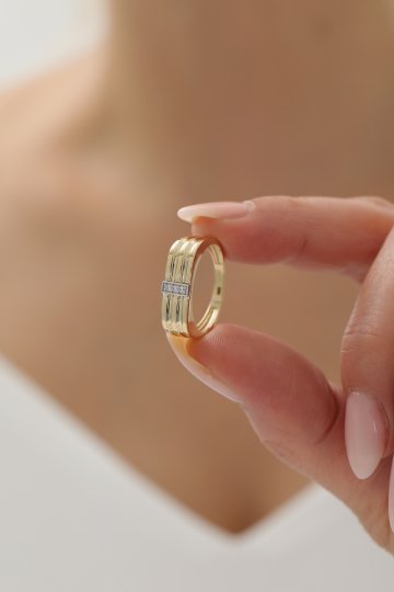 Taşlı Çizgi Desen Modern Yüzük - 4
