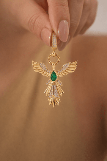 Yeşil Taşlı Altın Anka Kuşu Kolye Ucu - 1