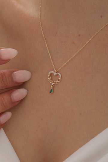 Zümrüt Taşlı Sallantılı Kalp Kolye - 2