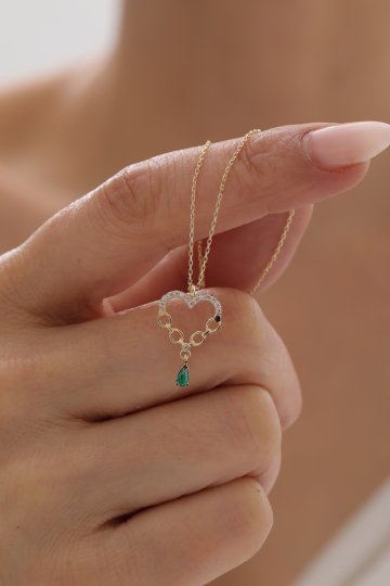 Zümrüt Taşlı Sallantılı Kalp Kolye - 3