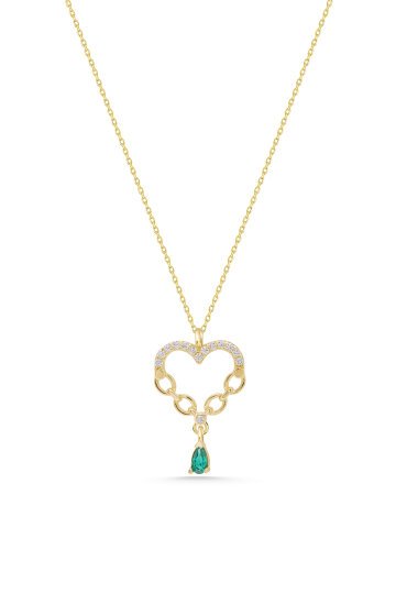 Zümrüt Taşlı Sallantılı Kalp Kolye - 2